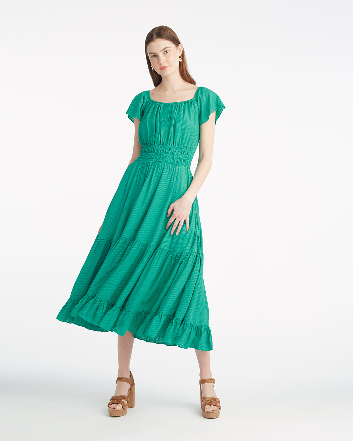 Berkeley Smocked Waist Midi Dress in Green