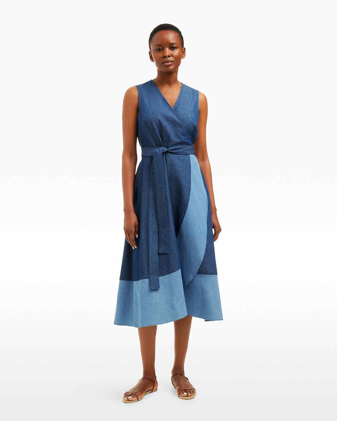 Lorelai Two Tone Sleeveless Wrap Dress in Chambray