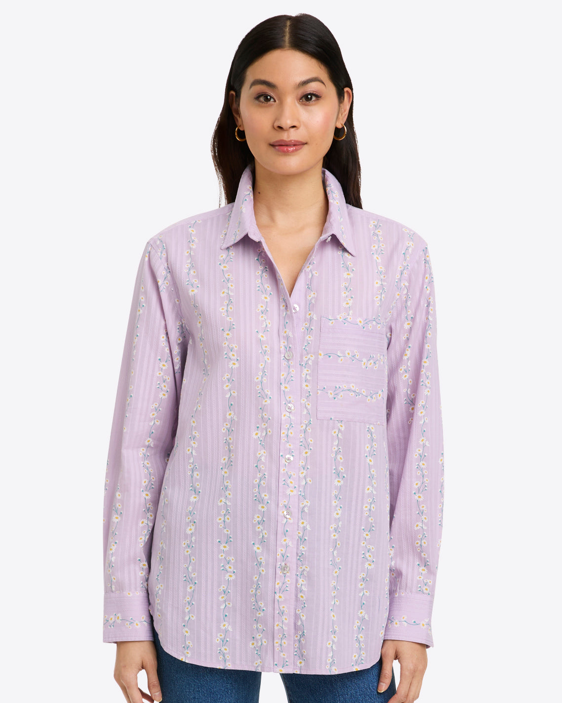 Lynn Long Sleeve Top in Embroidered Cotton Dobby
