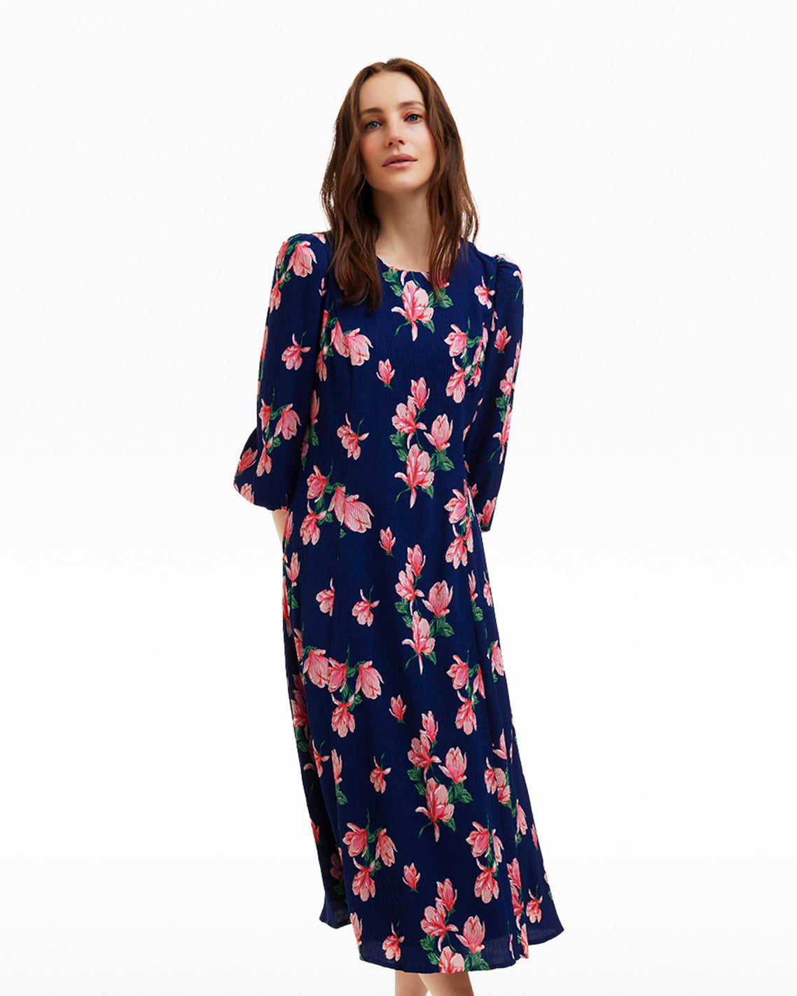 Matilda Crewneck Midi Dress in Magnolia Buds
