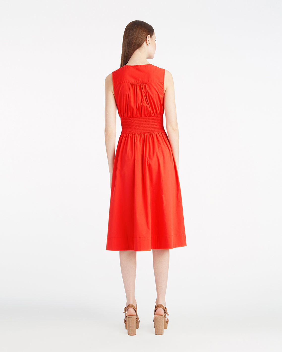 Amber Sleeveless Smocked Waist Midi Dress in Stretch Poplin
