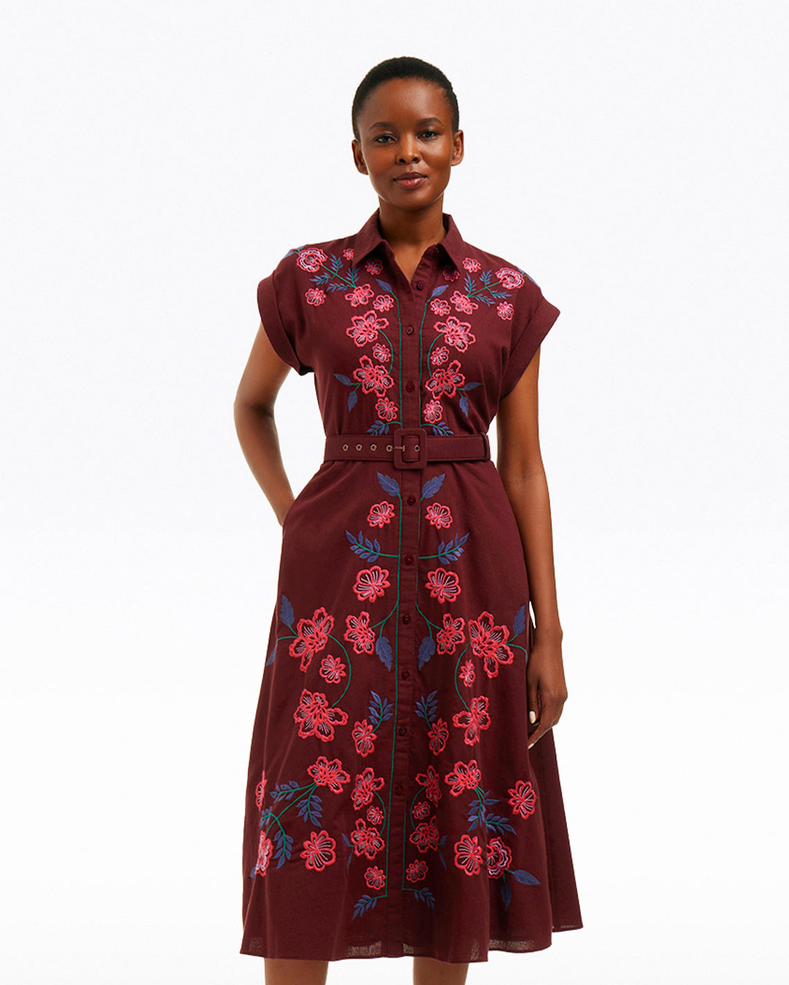 Presley Embroidered Midi Shirtdress in Raspberry Pink