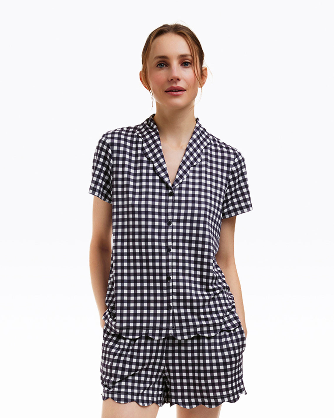Scallop Sara Pajama Set in Navy Gingham