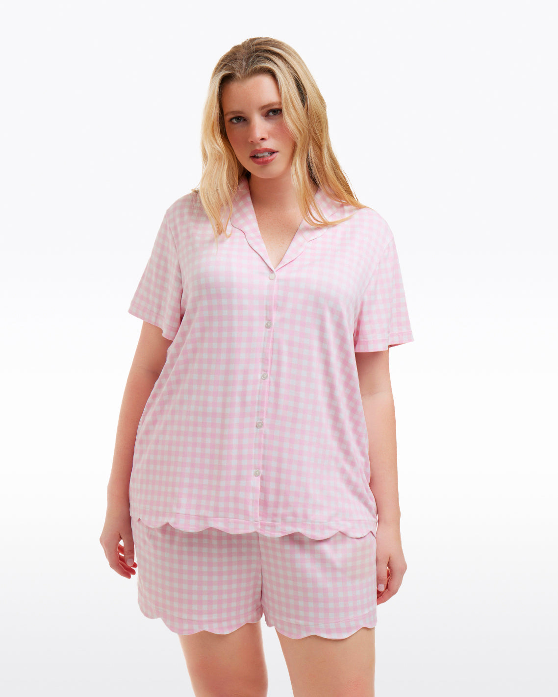 Scallop Sara Pajama Set in Pink Gingham