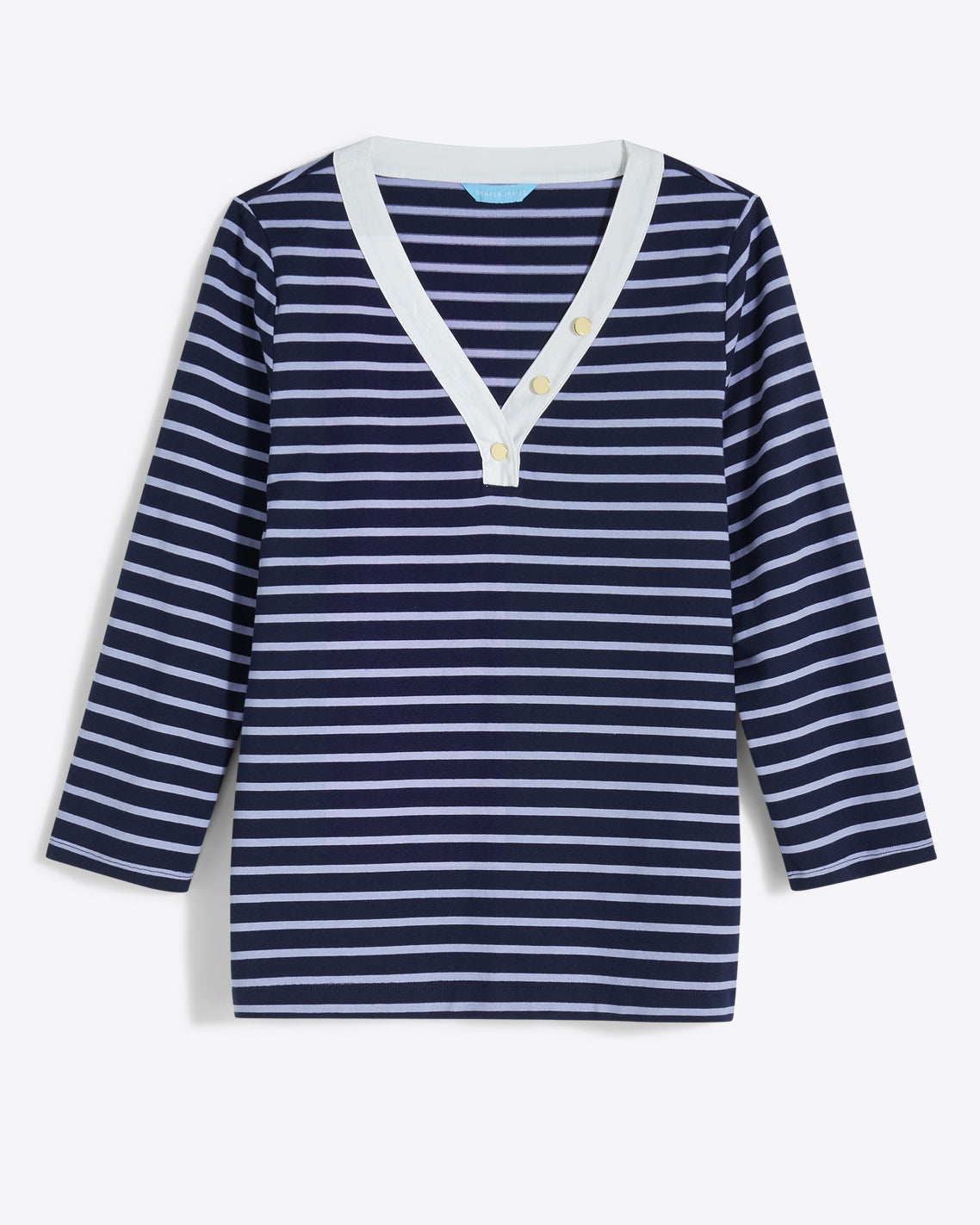 V-Neck Puff Sleeve Shirt in Nassau Navy Mariner Stripe